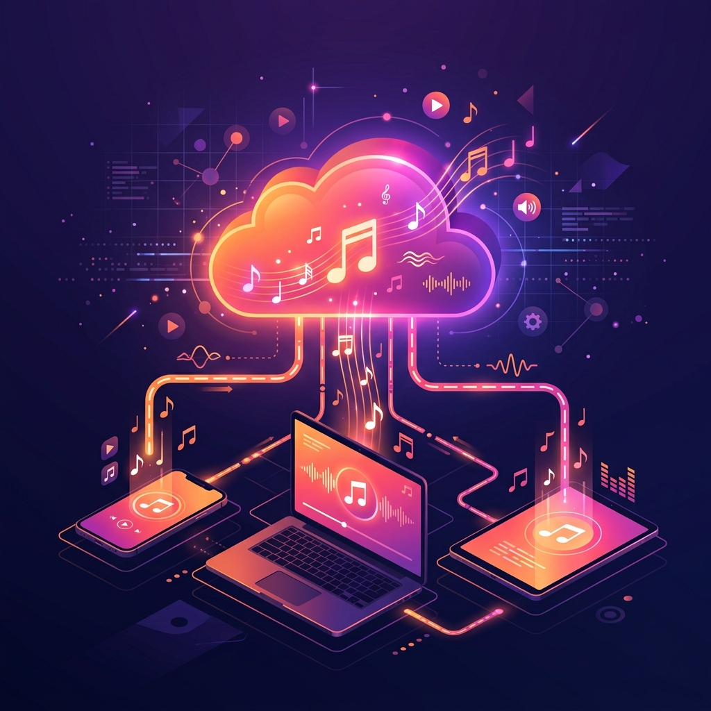 Smartphone, laptop, and tablet downloading SoundCloud music for offline listening on iOS, Android, Mac and Windows