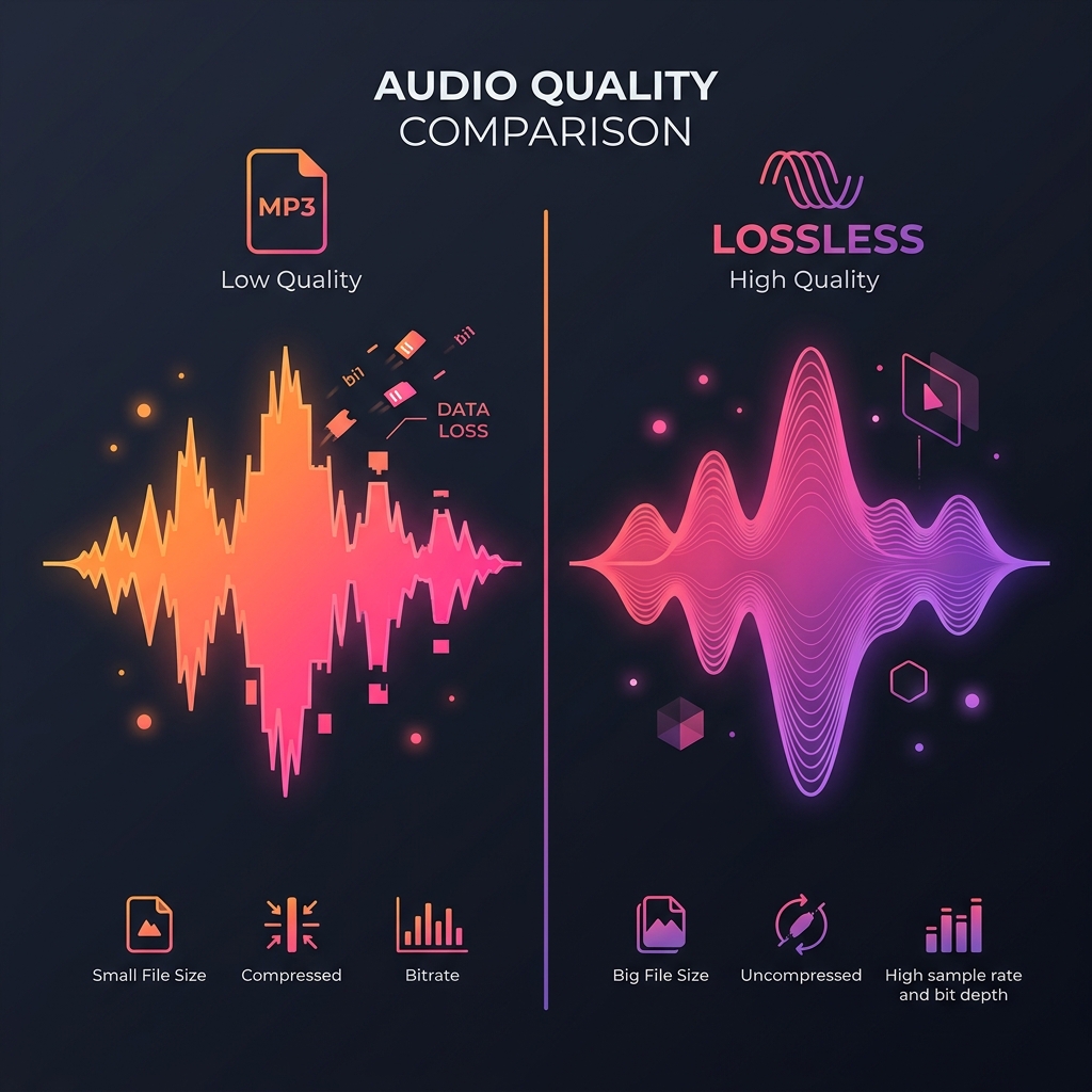 Infographic comparing low quality 128kbps MP3 sound waves to high quality lossless 256kbps AAC audio streams from SoundCloud